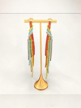 Rainbow Twist Fringe Waterfall Shoulder Duster Pierced Earrings Festival Boho